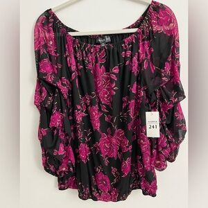 Harper 241 Floral Peasant Blouse Black Pink Sheer Sleeves Size M